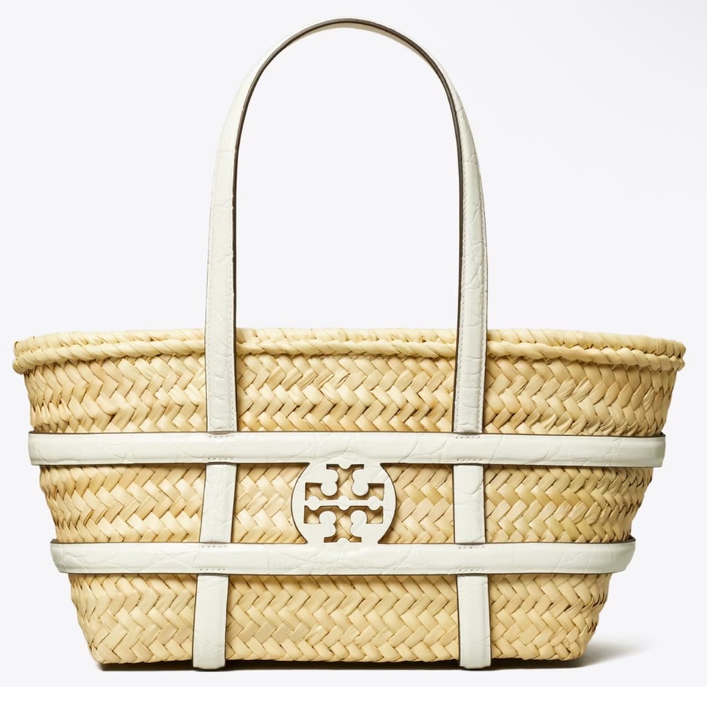NWOT Tory Burch Small Ella Croc Embossed Straw Tote Bag in White / Blanc